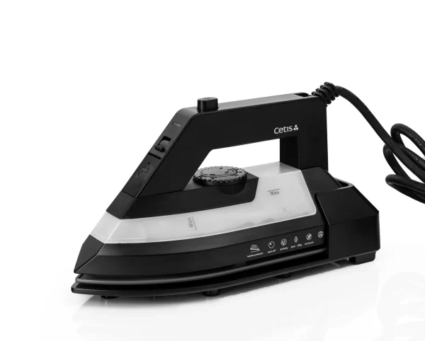 Non-stick steam iron for hotels with lighted temperature button, auto shut off, iron hanger, black or grey color options, shot of steam, rotating cord, water level indicator, adjustable steam settings, 4.4 fl. oz capacity and 1200W power for efficient and professional ironing